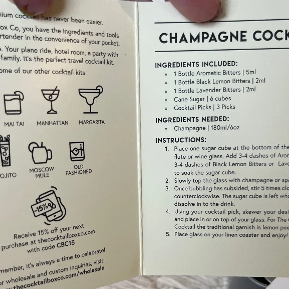 NIB The Cocktail Box Co has Champagne Cocktail Kit
